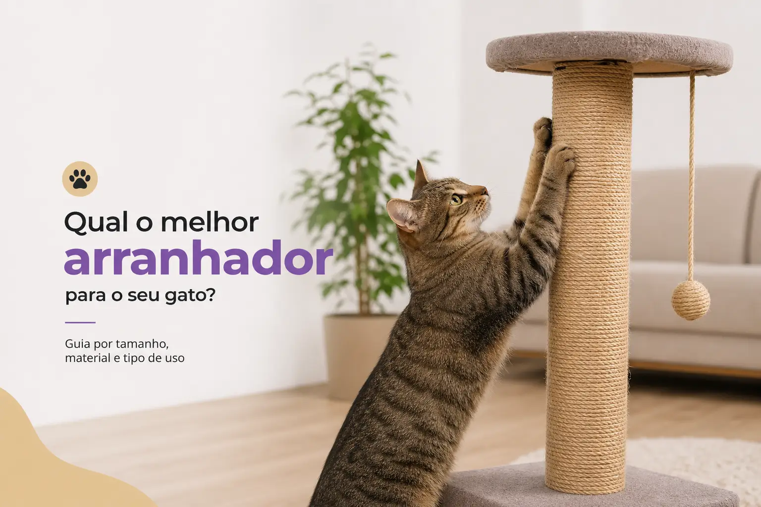 Gato marrom escalando arranhador com bola de corda na sala