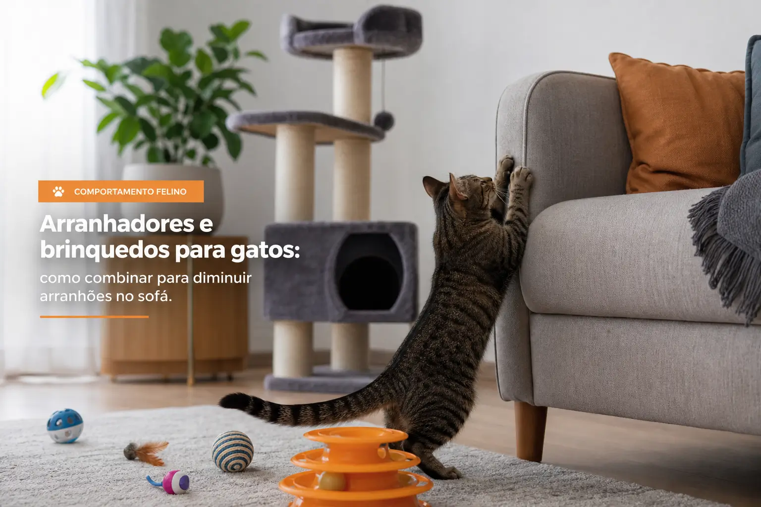 Gato malhado brincando com brinquedos na sala de estar
