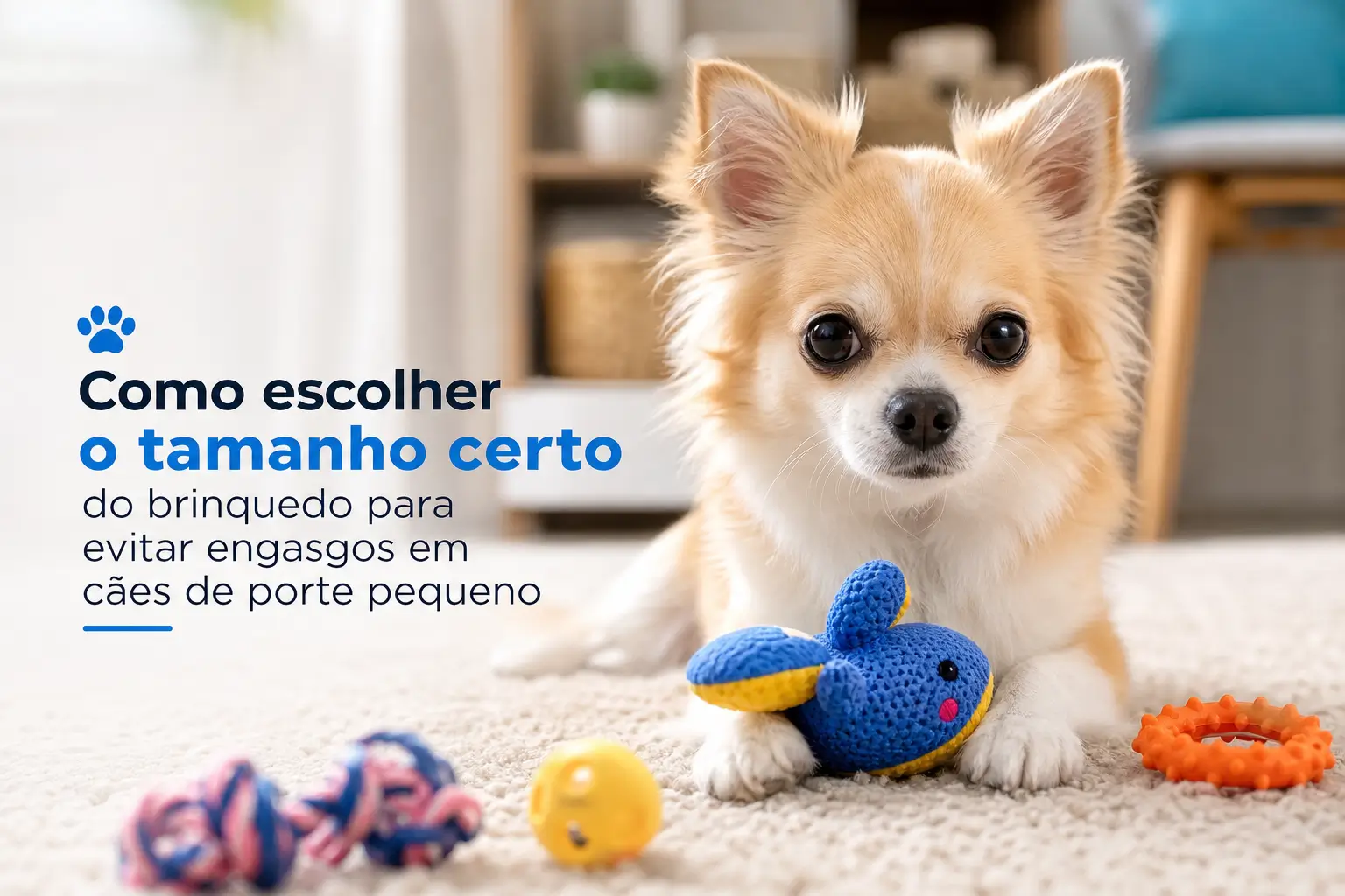 Cachorro pequeno com brinquedo azul cercado de outros brinquedos coloridos