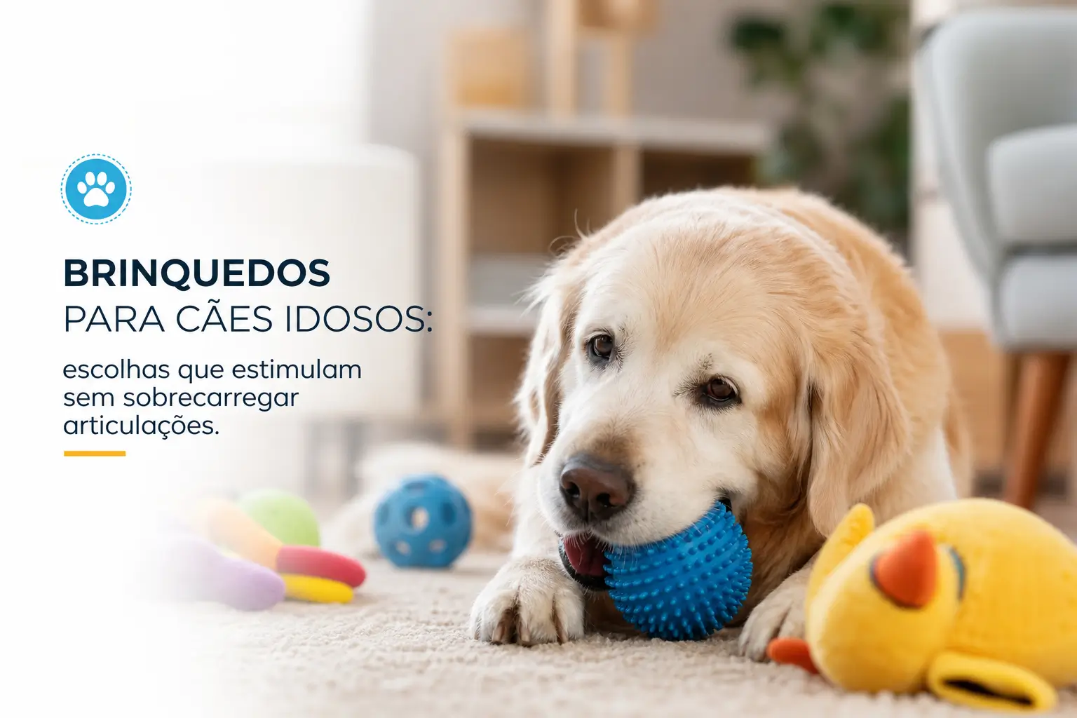 Golden retriever com brinquedos para cães idosos em um tapete