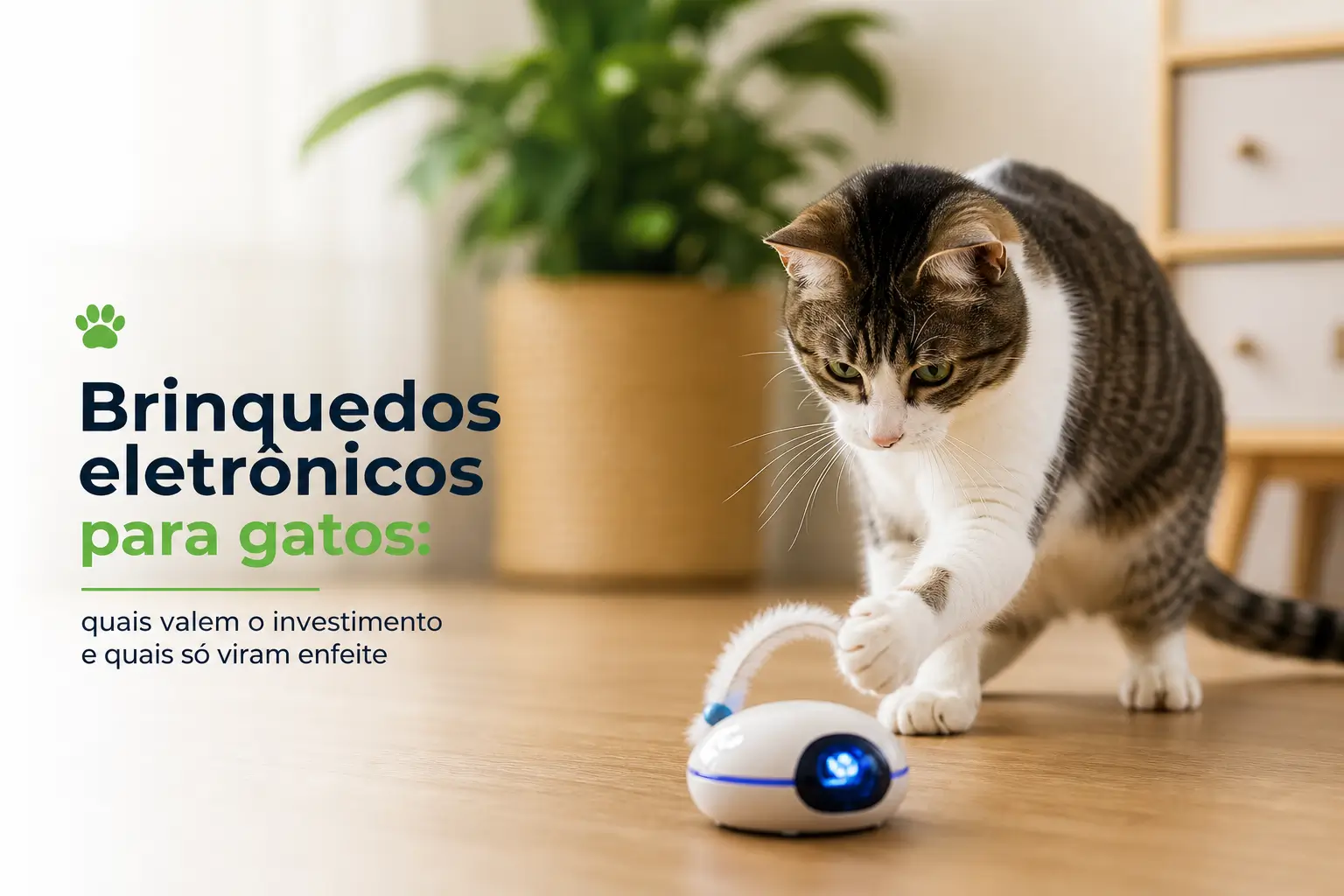gato tigrado e branco com brinquedo eletrônico no piso de madeira
