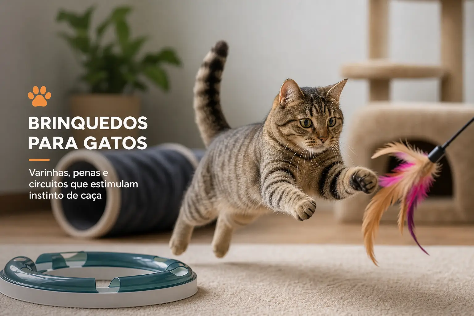 Gato cinza brincando com pena colorida; Brinquedos para gatos.