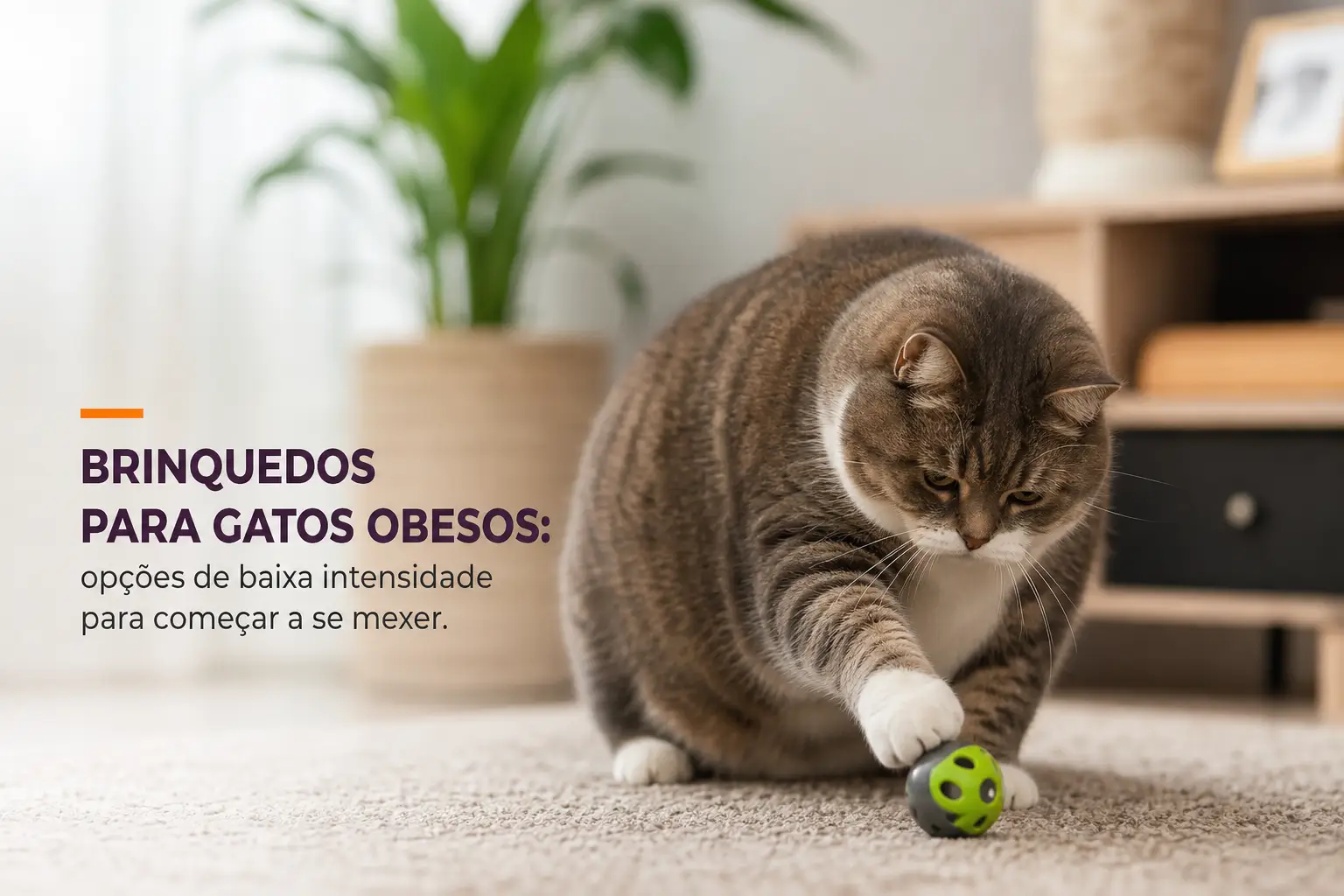 Gato cinza brincando com bola verde para obesos 2026