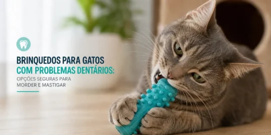 Gato de pelos cinza mastigando brinquedo azul no chão de madeira