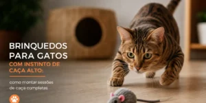 Gato malhado com brinquedo e poste de arranhar no chão de madeira
