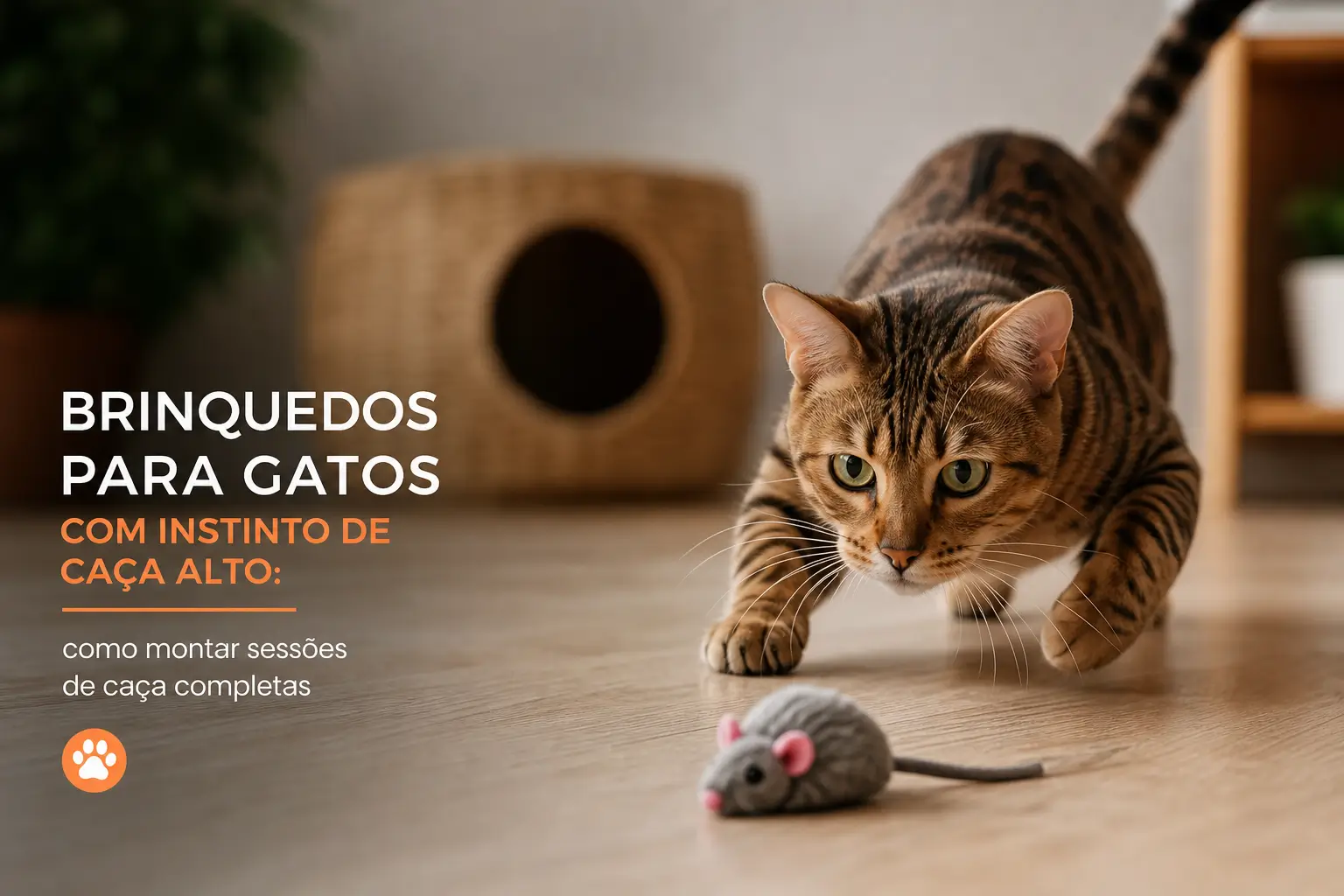 Gato malhado com brinquedo e poste de arranhar no chão de madeira