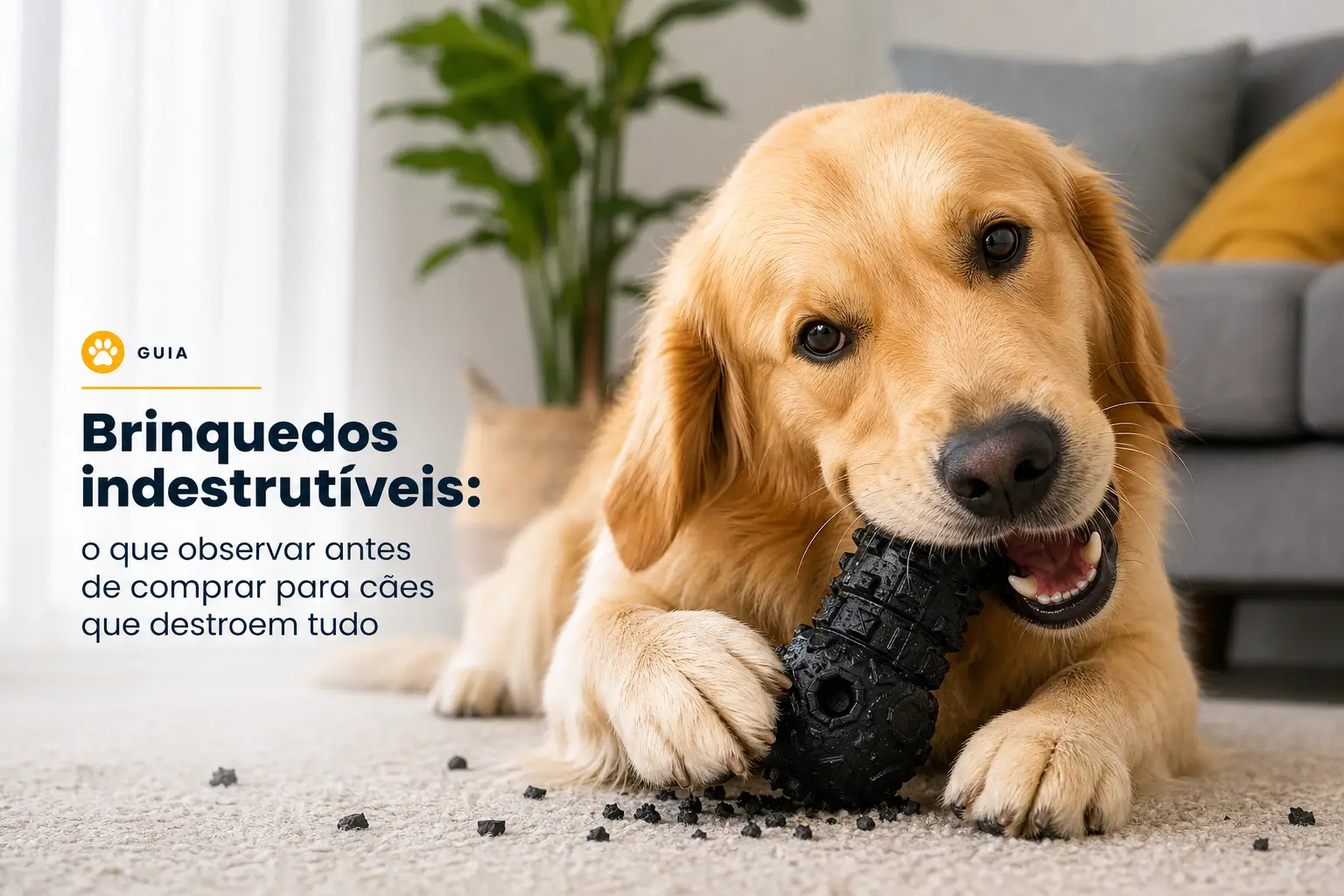 Golden retriever com brinquedo destrutível no chão