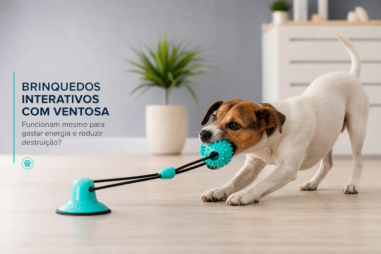 Cachorro brinca com brinquedo interativo azul no chão de madeira