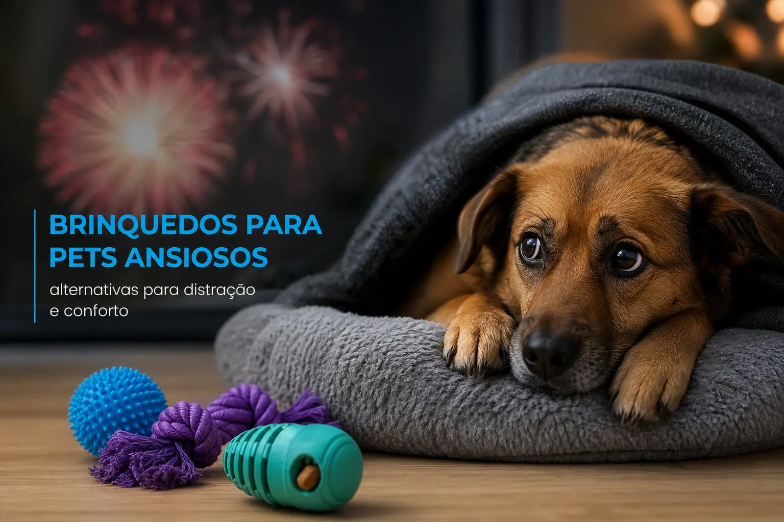 Cachorro marrom claro sob cobertor, brinquedos ao redor