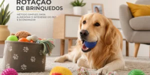 Golden Retriever com brinquedos e texto sobre economia pet