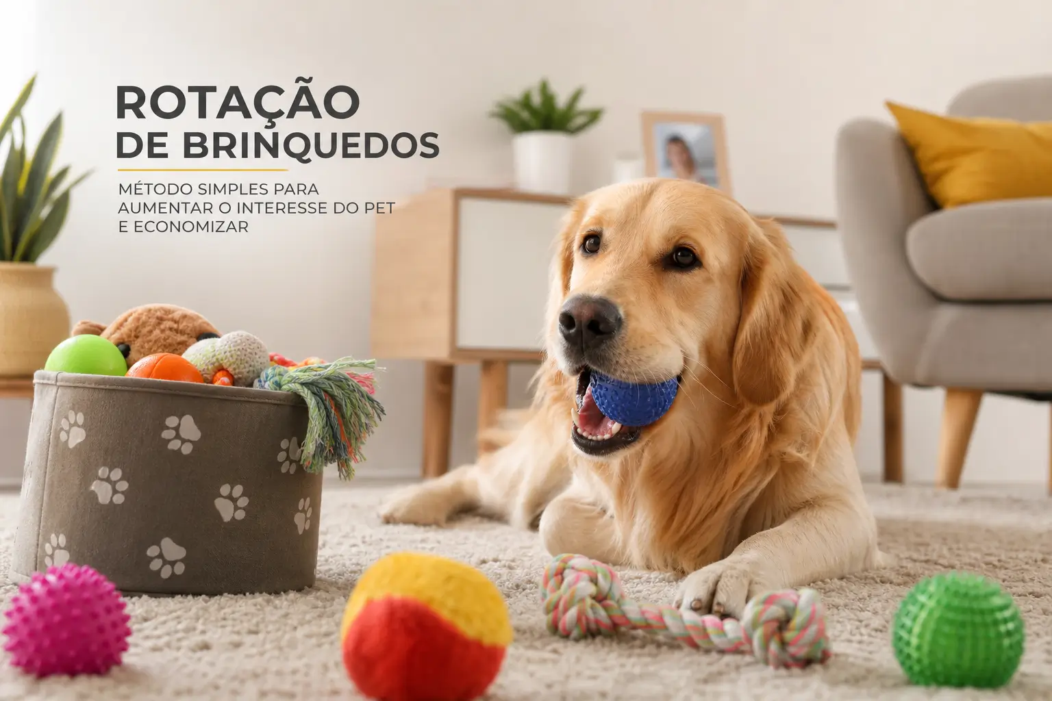 Golden Retriever com brinquedos e texto sobre economia pet