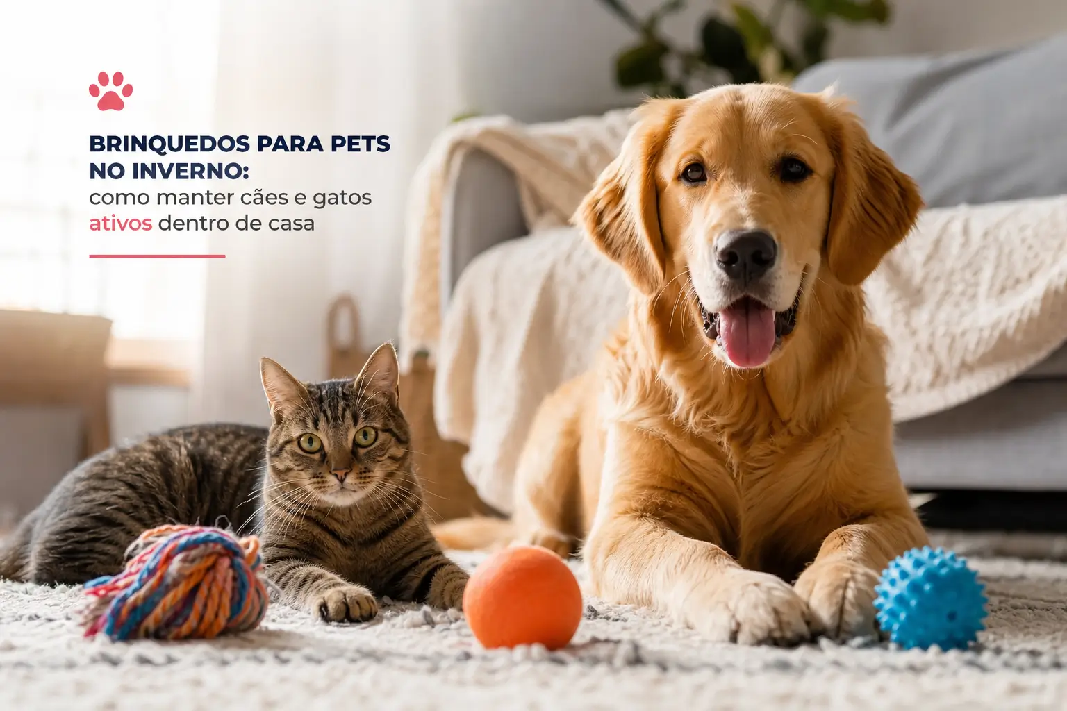 Golden retriever e gato tabby com brinquedos para pets