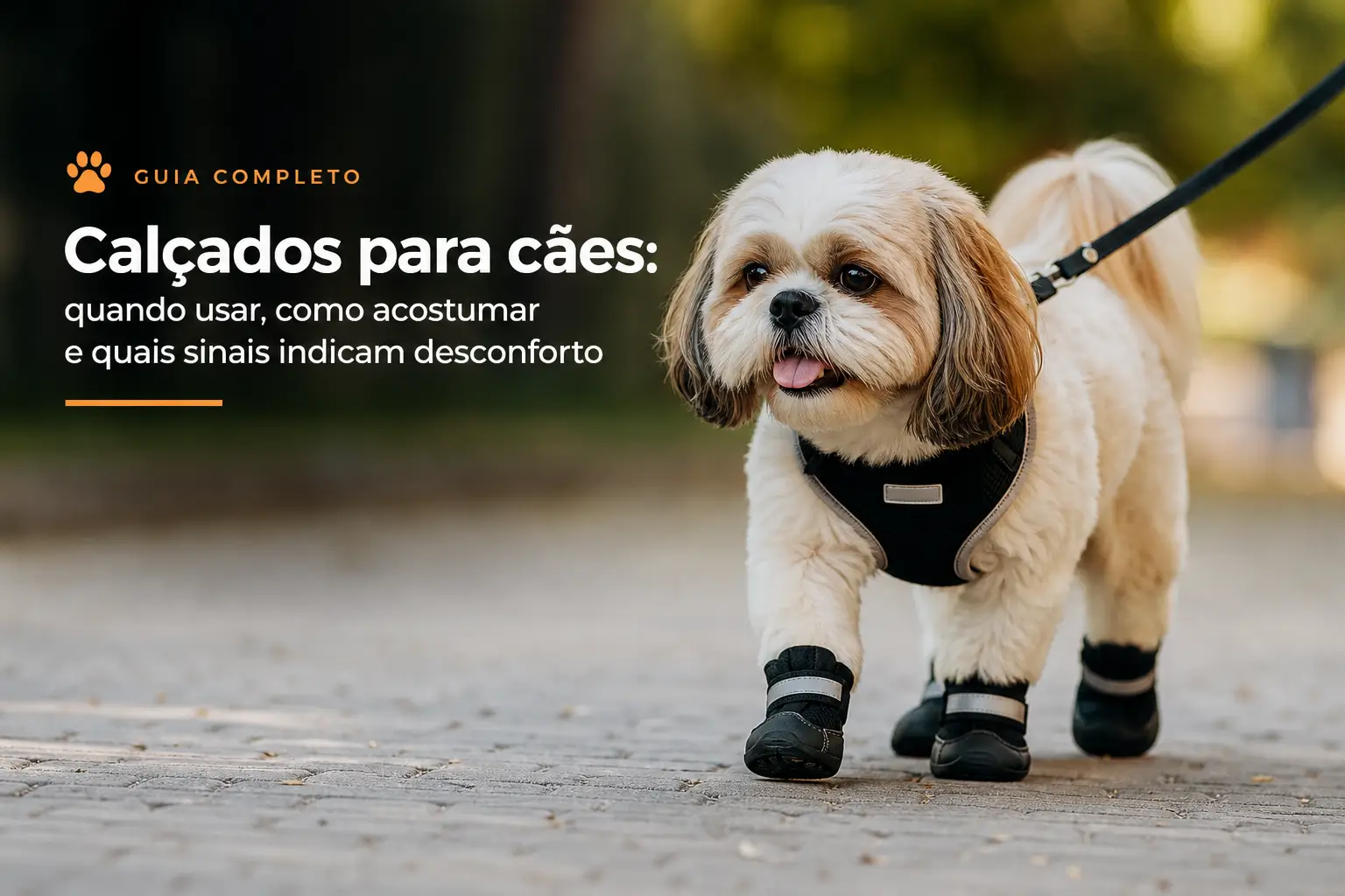 Cachorro pequeno com arnês e botas na rua