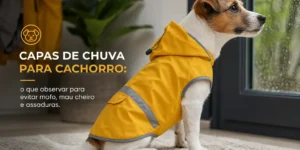 Cachorro com capa de chuva amarela em um tapete na sala