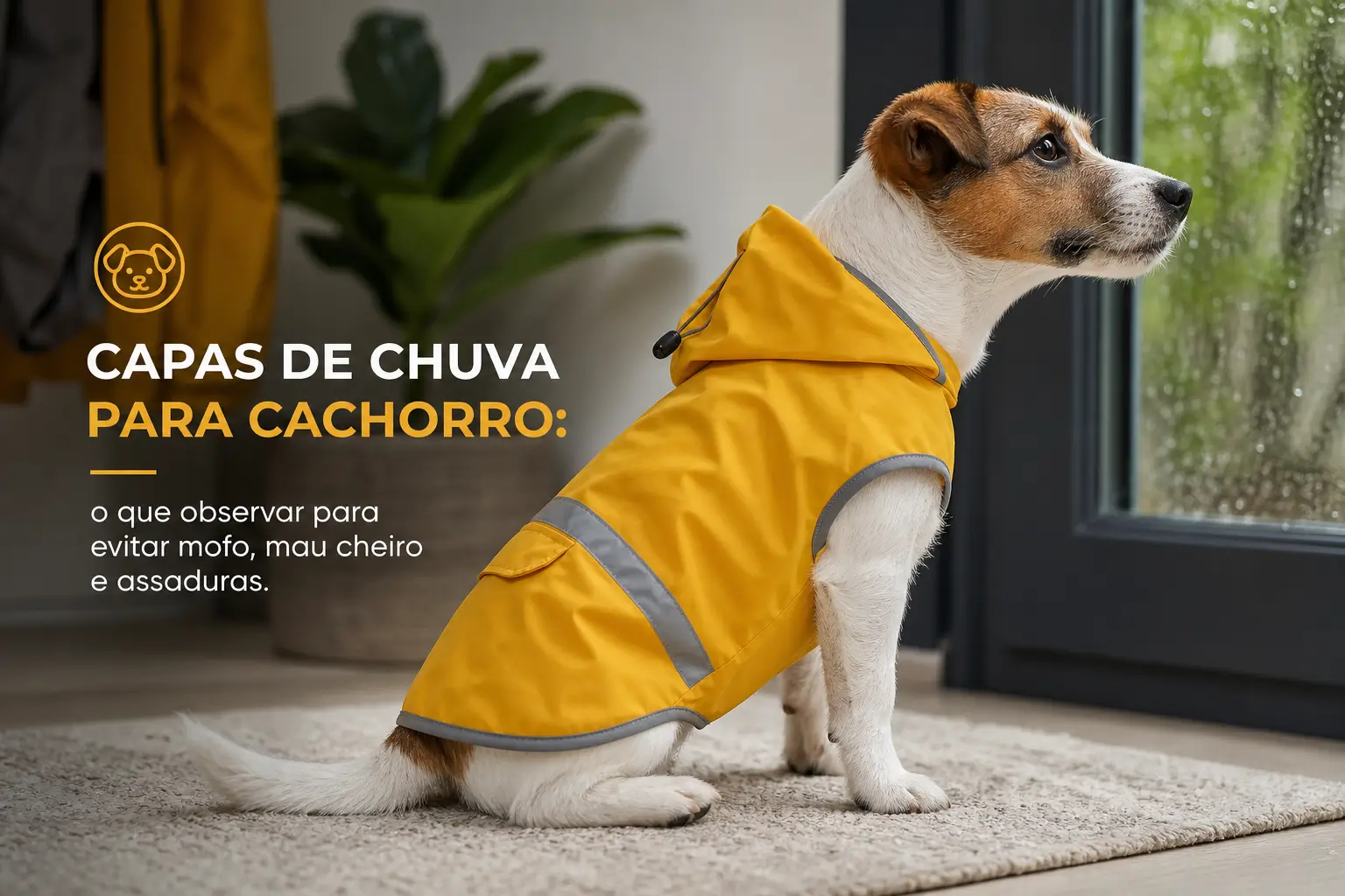 Cachorro com capa de chuva amarela em um tapete na sala