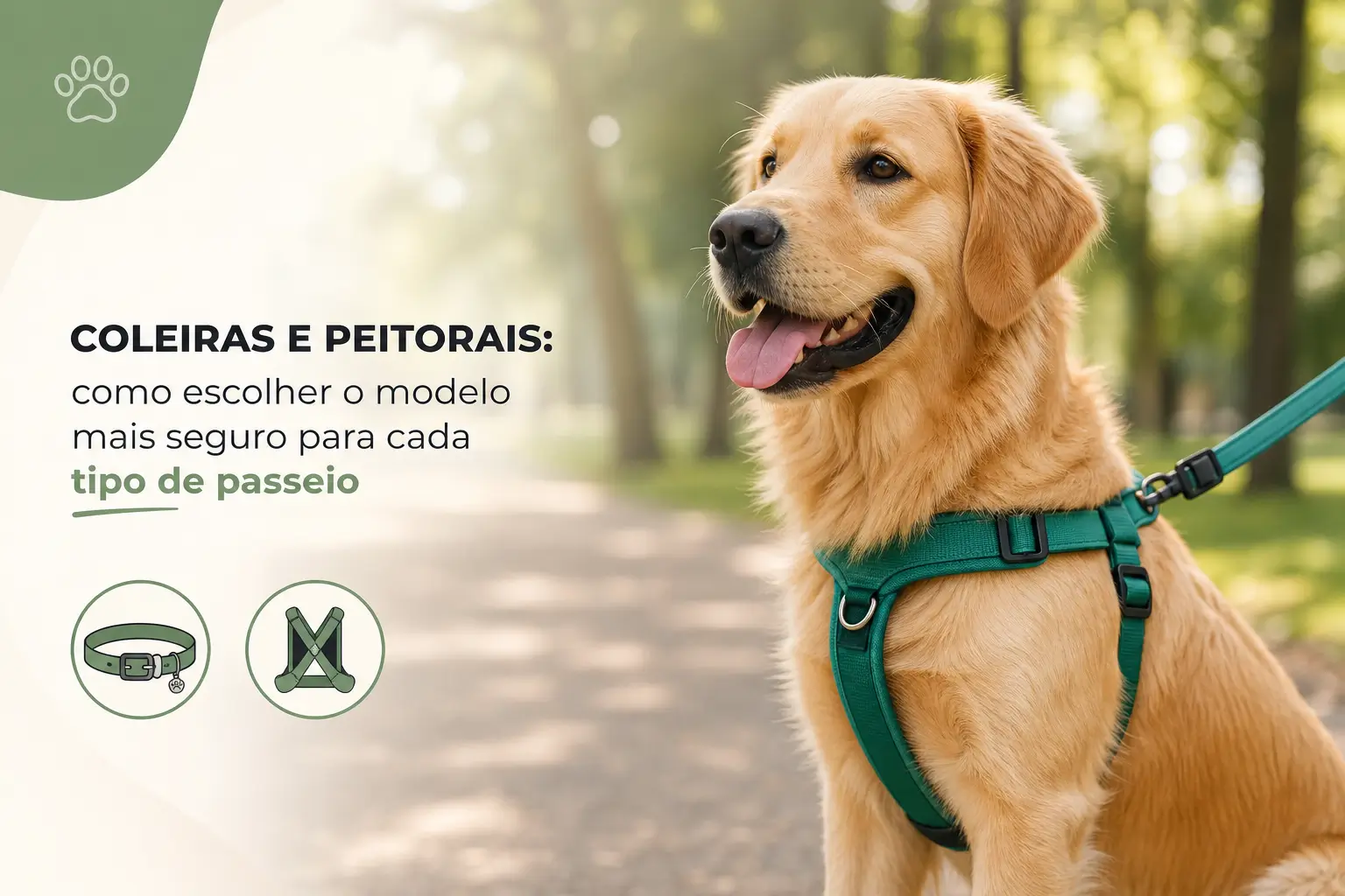 Golden retriever com coleira verde no parque