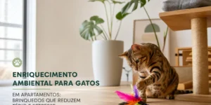 Gato tabby em apartamento com brinquedo e post de arranhar