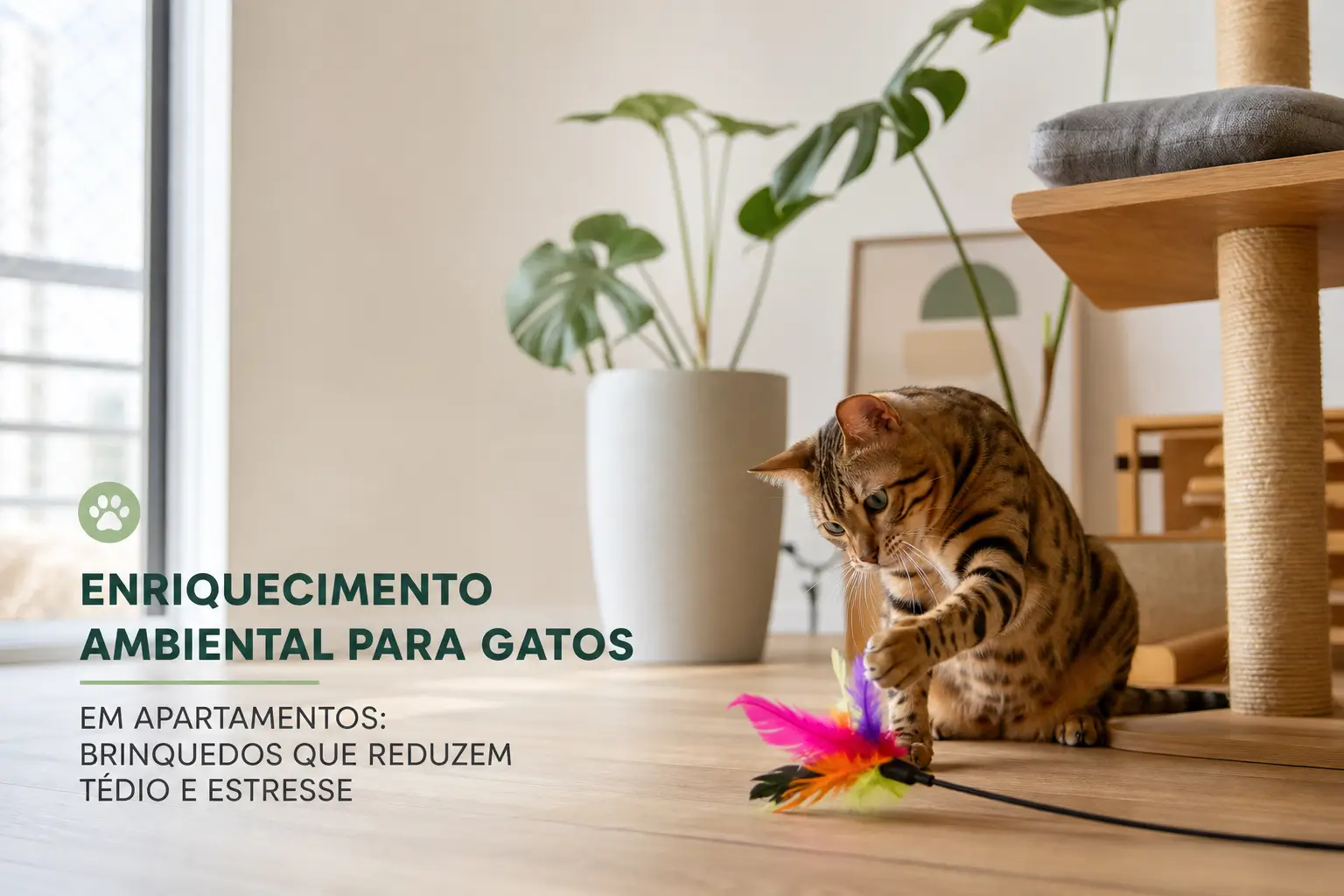 Gato tabby em apartamento com brinquedo e post de arranhar