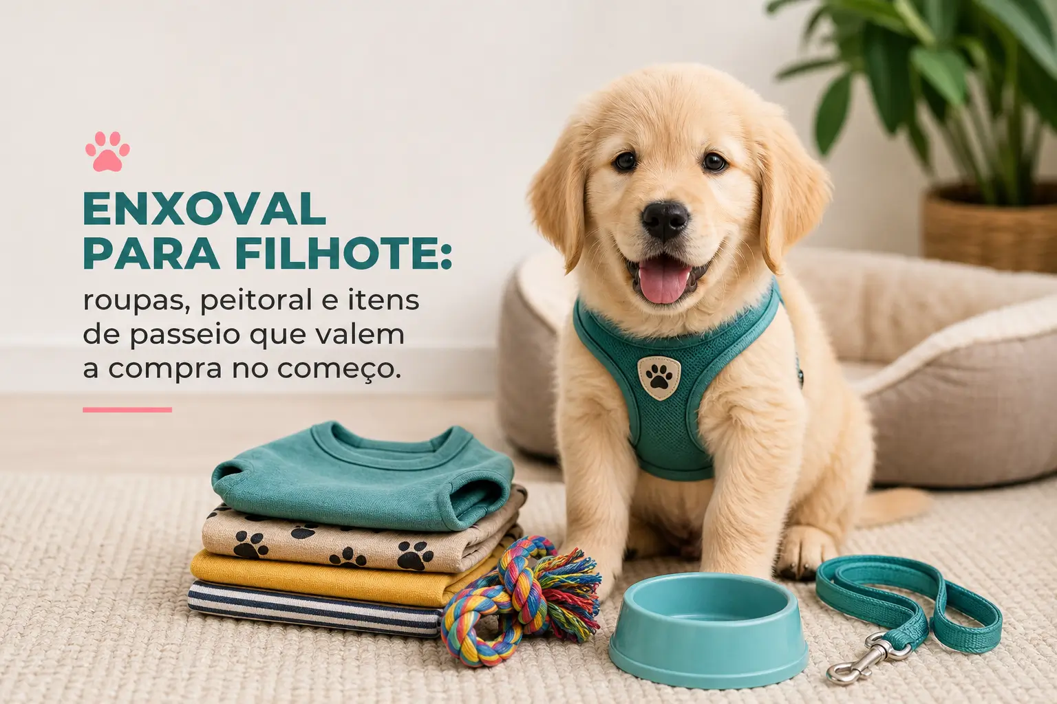 Golden retriever filhote com peitoral verde no sofá com enxoval