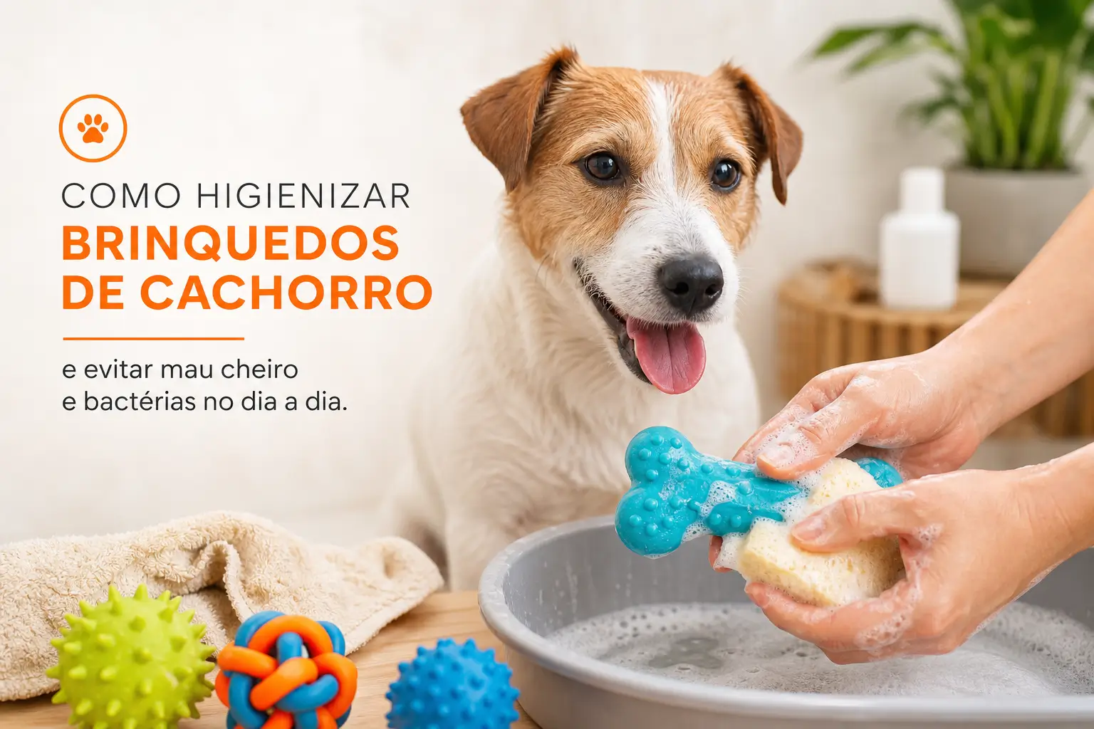 Cachorro feliz com brinquedos e pessoa higienizando objeto azul