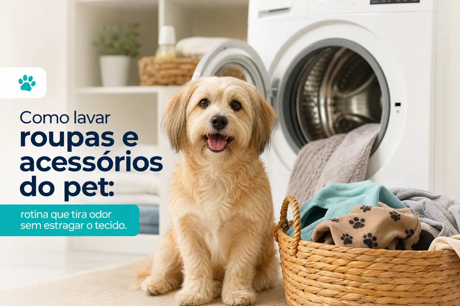 Golden retriever e cesta ao lado de máquina de lavar