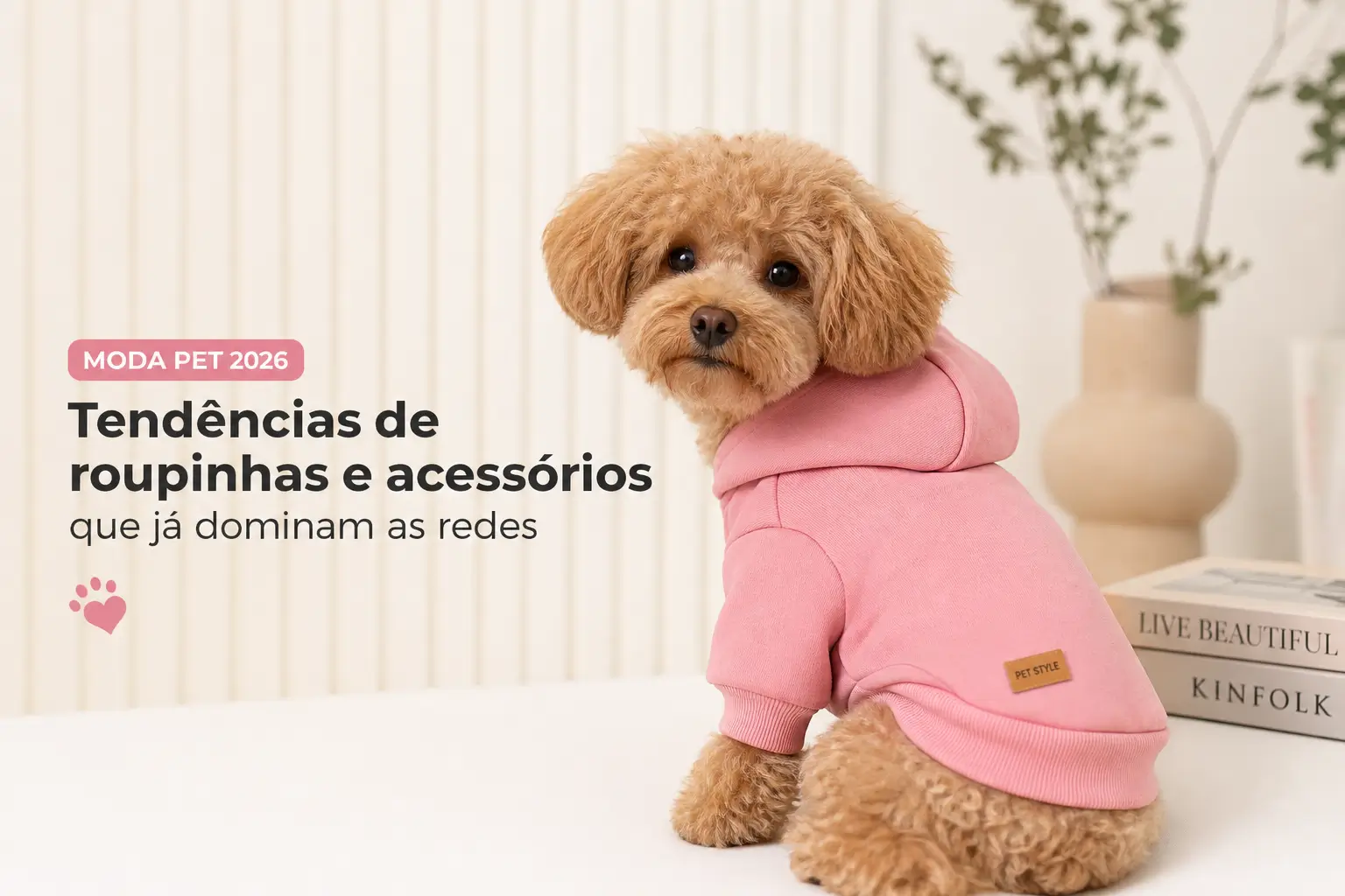 Poodle marrom pequeno com casaco rosa na sala, Moda Pet 2026