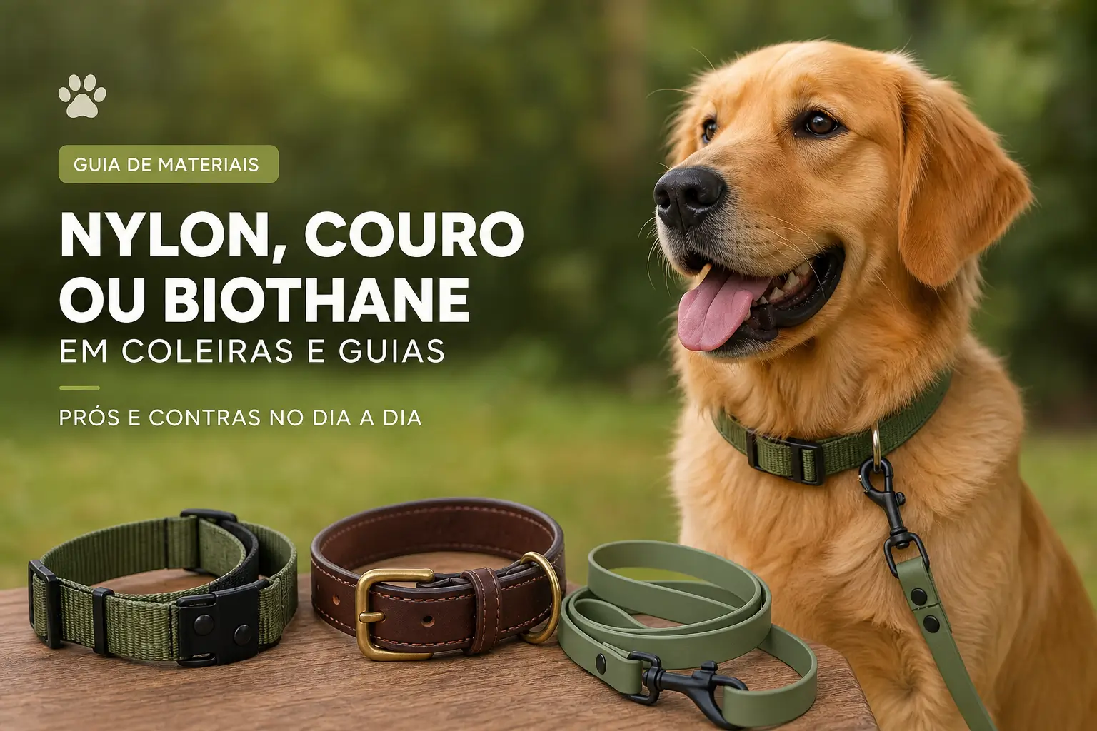Golden Retriever sorrindo com coleiras verde e marrom na mesa
