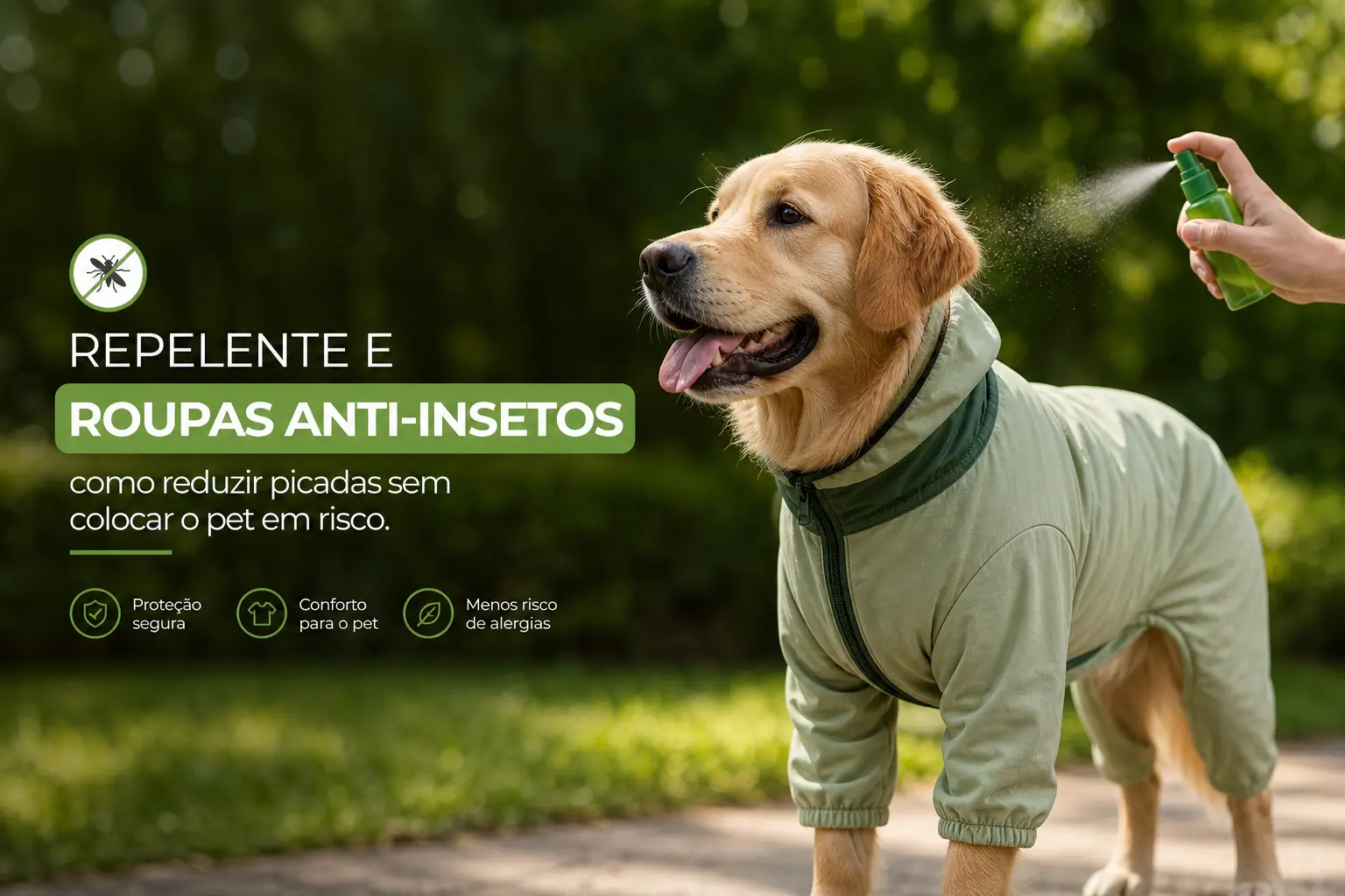 Golden retriever com roupa anti-inseto no parque 2026