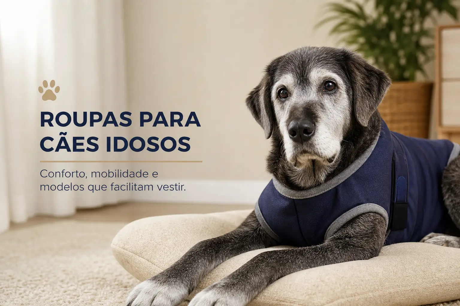 Cão idoso cinza com casaco azul em sofá claro
