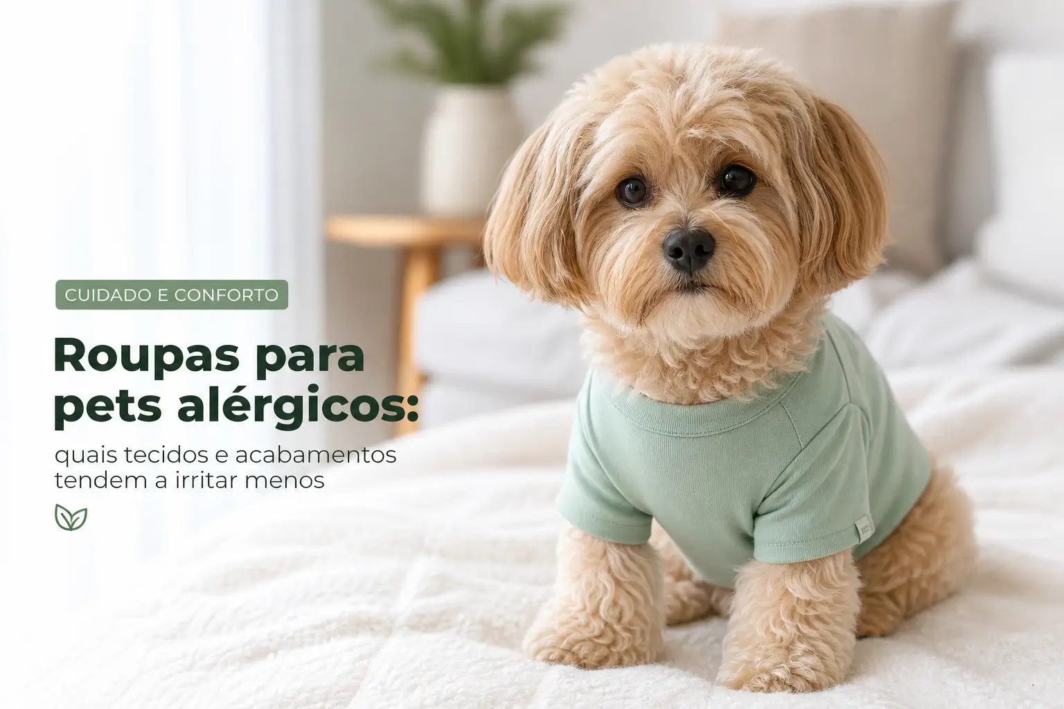 Cachorro pequeno de pelos dourados com camiseta verde